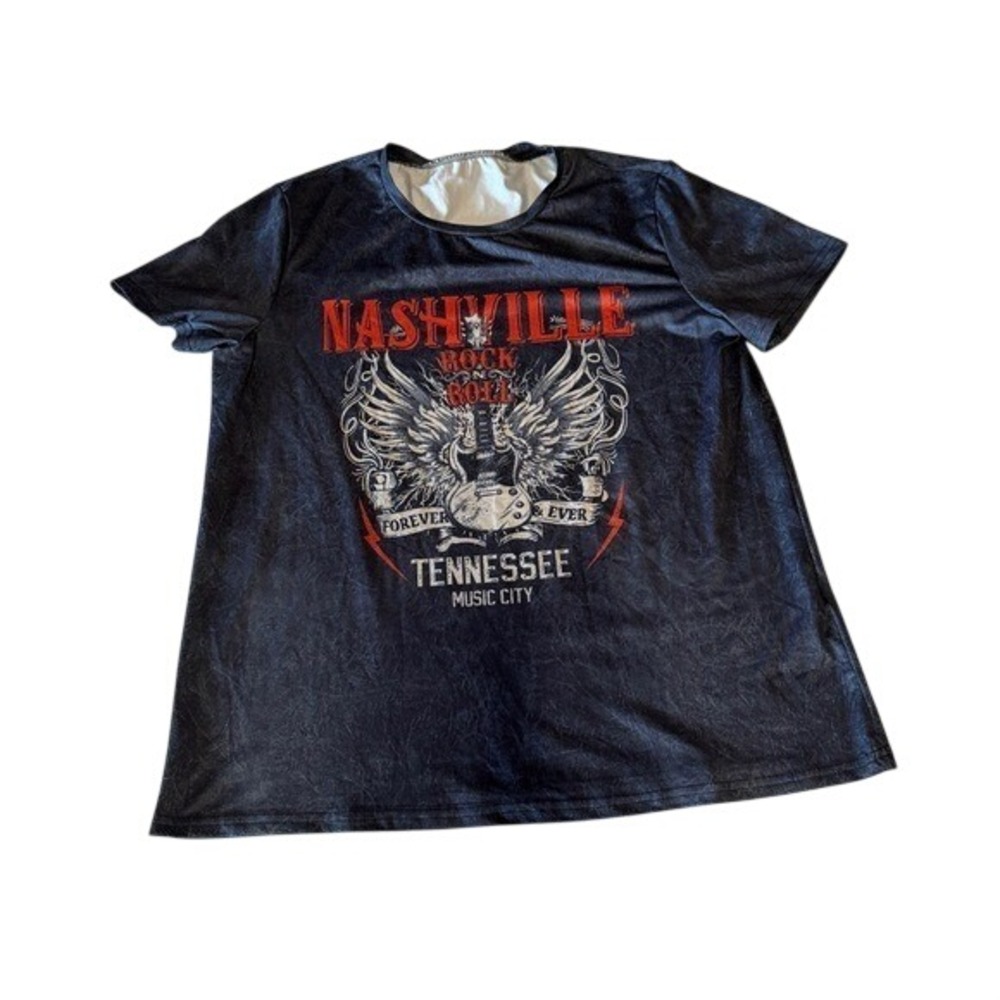 Nashville Tennessee Music City Rock Roll‎ Graphic Tee Black Acid Wash Large